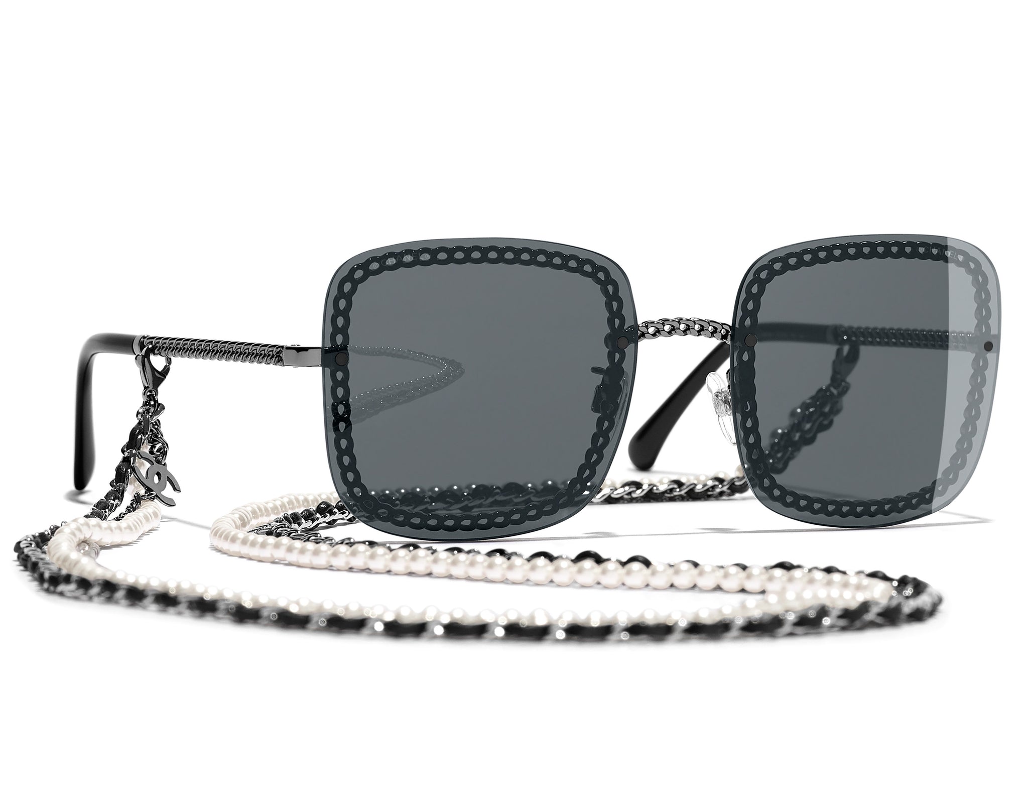 CHANEL 4244 Square Metal, Calfskin & Imitation Pearls Sunglasses