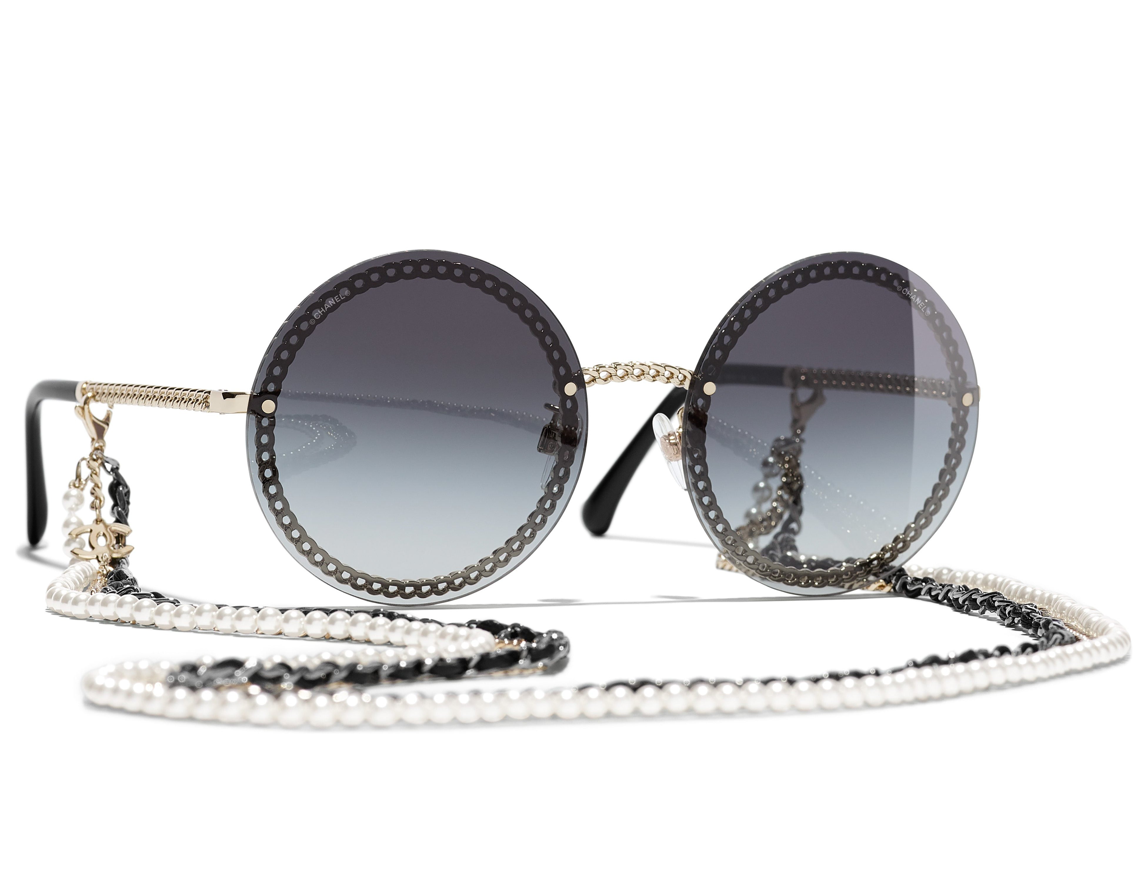 NIB 2023 CHANEL sunglasses Round Pearl Metal Calfskin Chain women Full Set