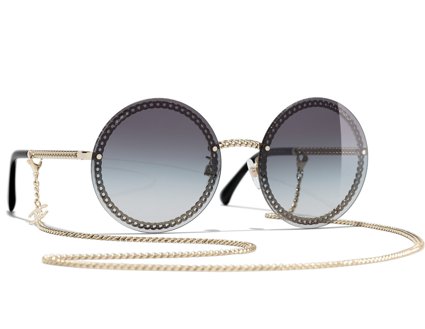 Chanel Chain Sunglasses Round Blue Year 2021 Silver Gold 4245