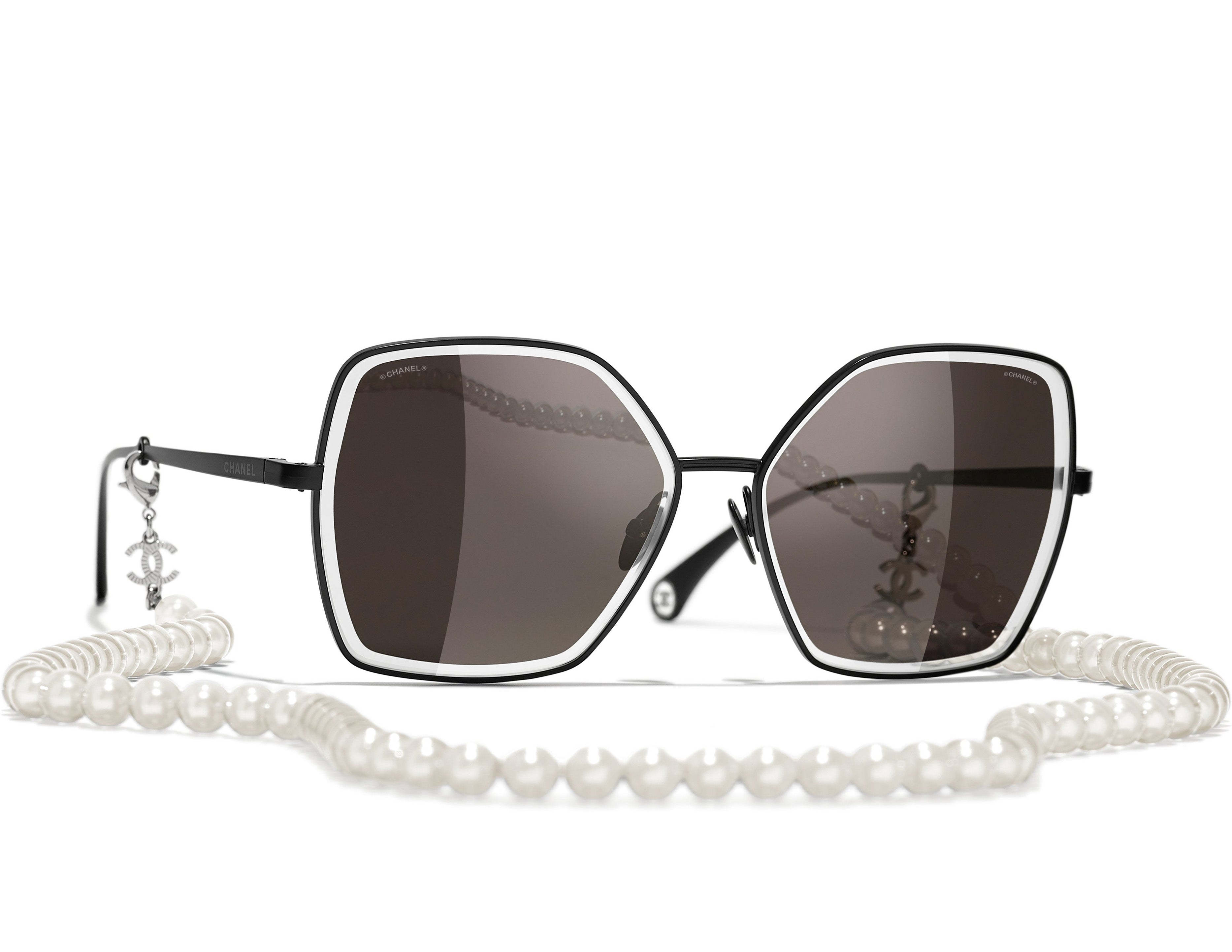 NIB 2023 CHANEL sunglasses Round Pearl Metal Calfskin Chain women Full Set
