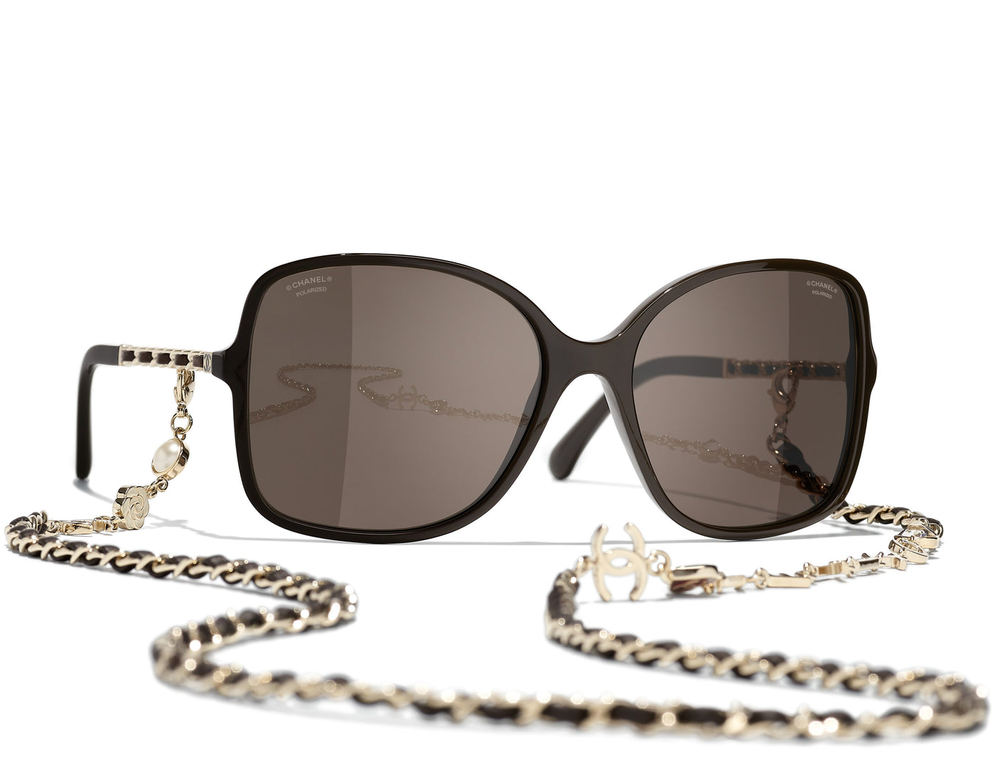 CHANEL Lambskin Chain Polarized Black Gold Sunglasses Cat Eye